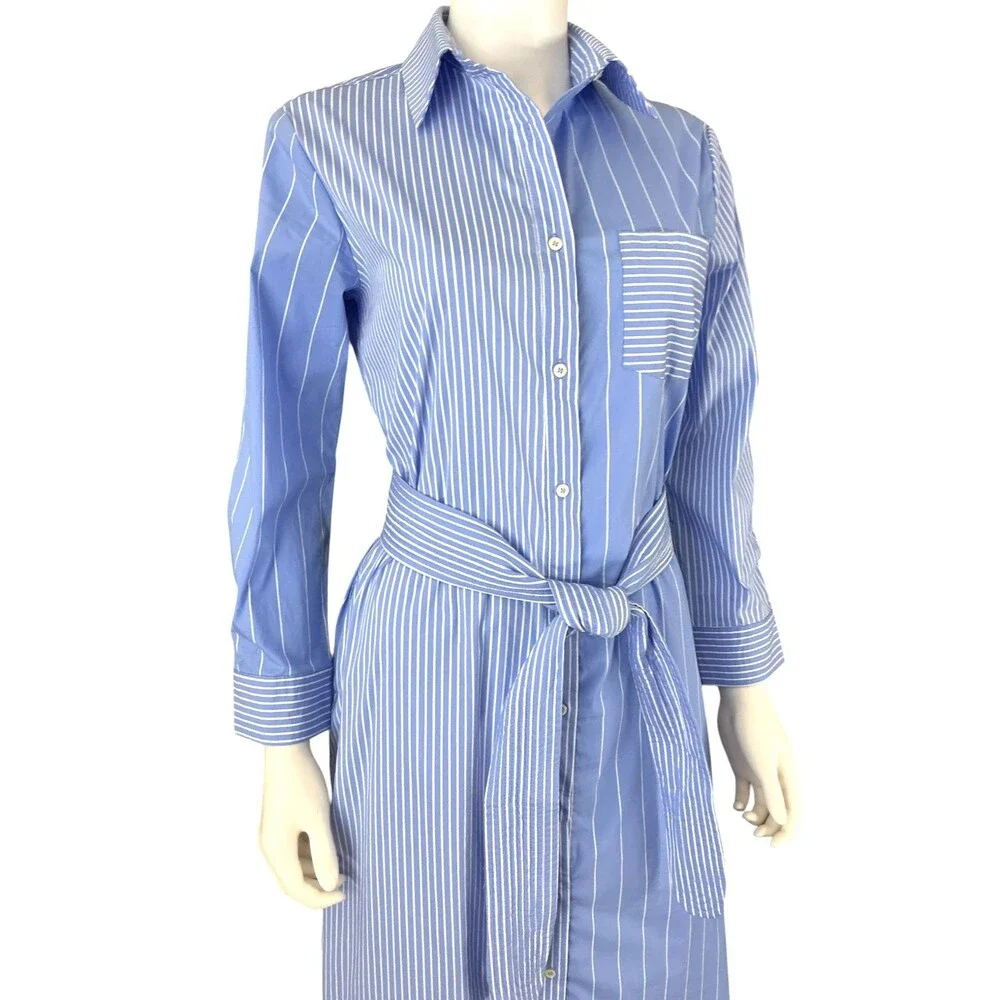 Pomander Place Chessie Stripe Maxi Shirt Dress Women's XS Blue White Belted NWT
